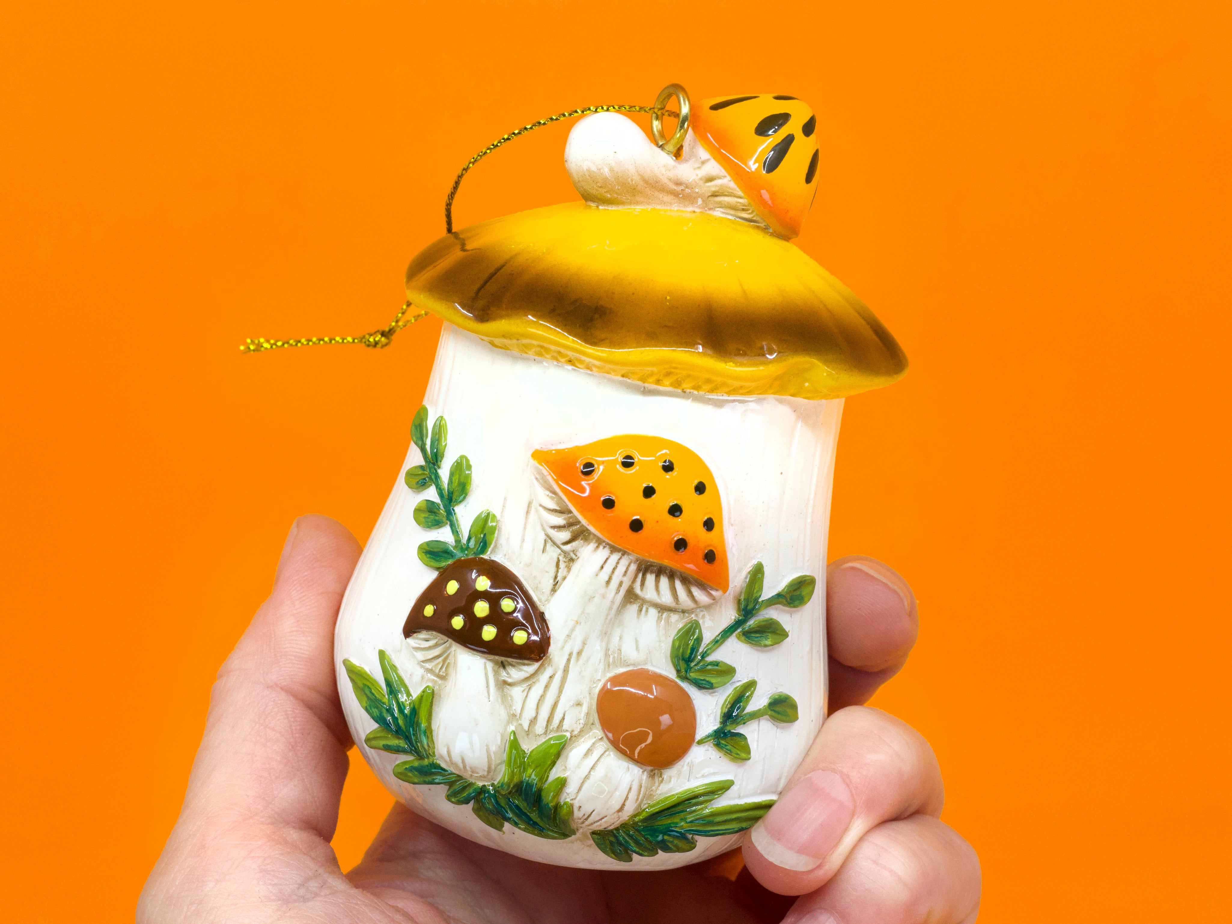 Merry Mushroom-Inspired 70s Hand-Painted Christmas Ornament 