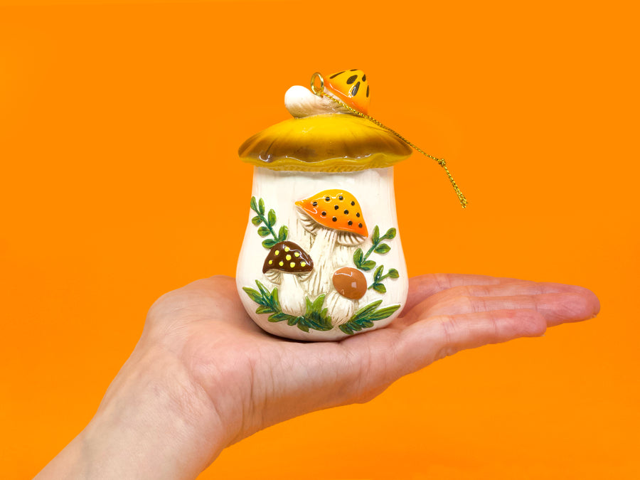 Merry Mushroom-Inspired 70s Hand-Painted Christmas Ornament