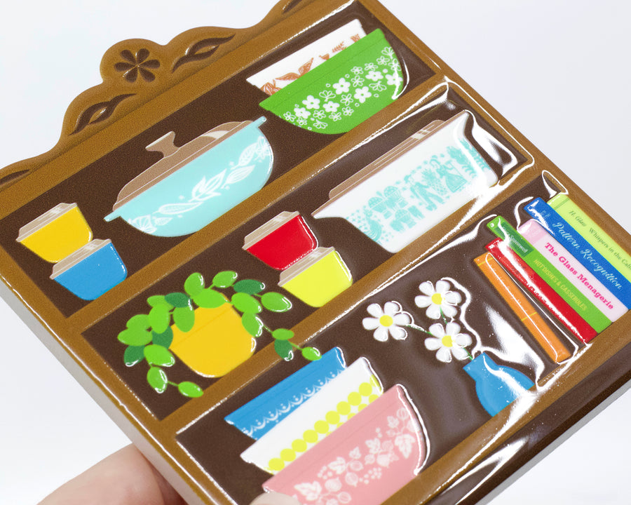 Retro Kitchen Hutch Ceramic Coaster – Pyrex-Inspired Shelf Design