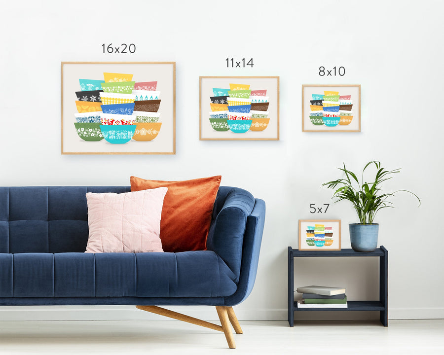 Colorful Pyrex-Inspired Bowl Stacks Print – Retro Wall Art