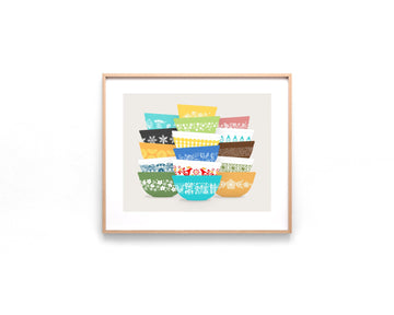 Colorful Pyrex-Inspired Bowl Stacks Print – Retro Wall Art