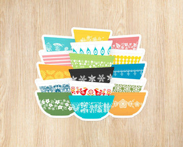 Vintage Pyrex Whimsy Stack Vinyl Sticker – Retro Bowl Design