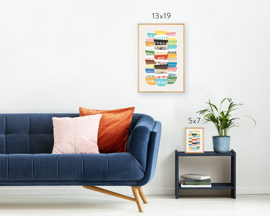 Pyrex-Inspired Bowl Stacks Print – Retro Kitchen Wall Art