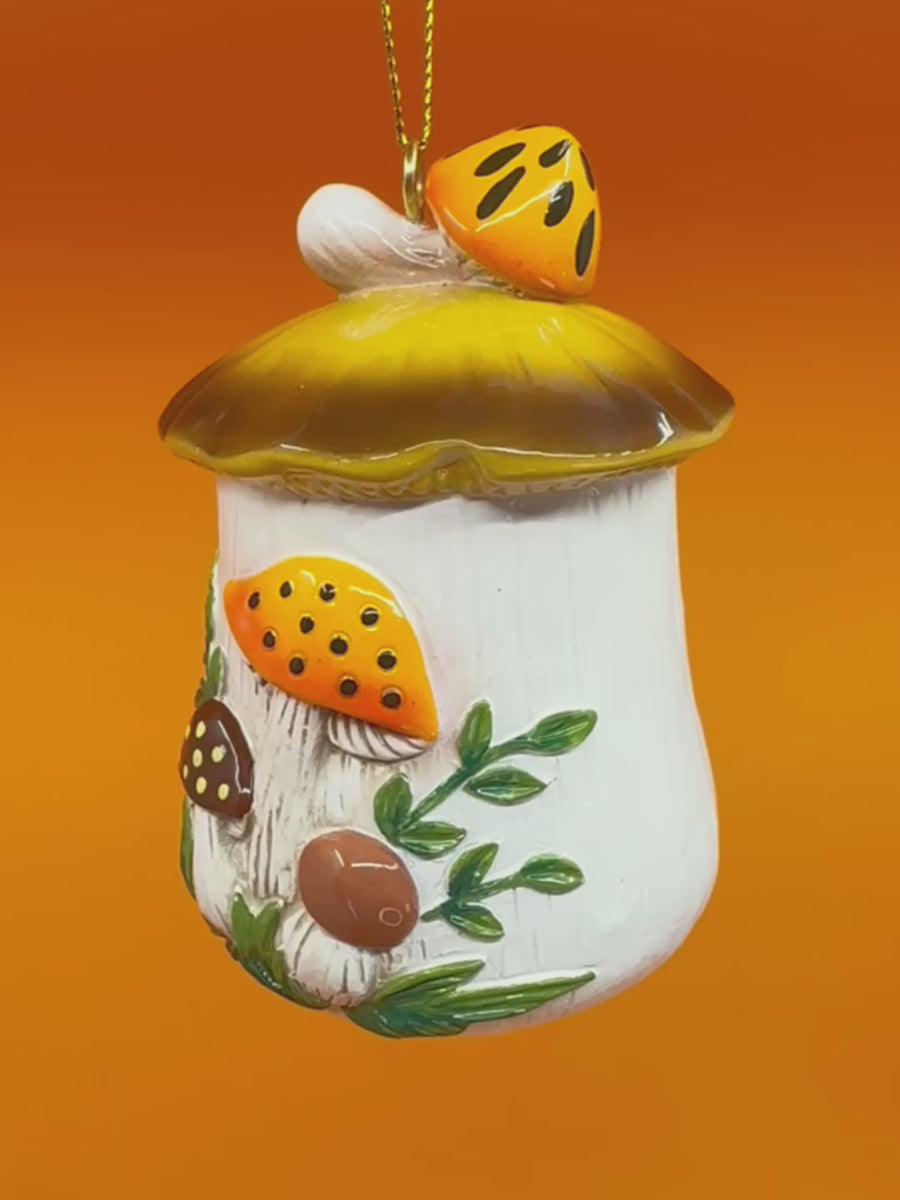 Merry Mushroom-Inspired 70s Hand-Painted Christmas Ornament