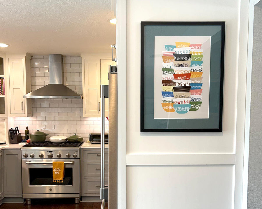 Pyrex-Inspired Bowl Stacks Print – Retro Kitchen Wall Art